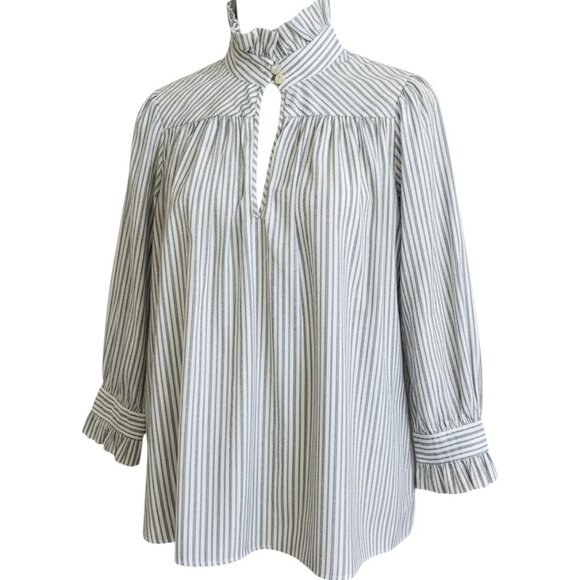 Etro Striped Ruffle Collar Blouse Dark Grey White L (IT 42) Luxury Designer Top - Picture 2 of 9
